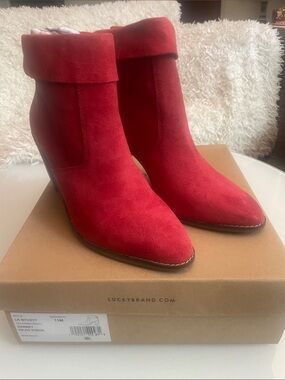 Lucky Brand Red Suede Fold-Over Ankle Booties - NWT